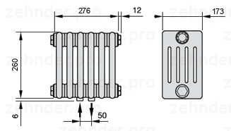 Схема (чертеж) Радиатор Zehnder Charleston 5026/6 №3470 Белый глянцевый RAL 9016